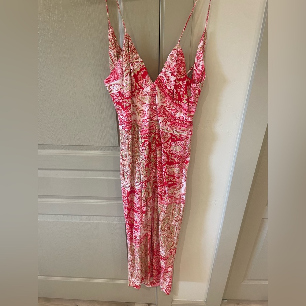 Zara Res and White Patterned Linen Dress Size L